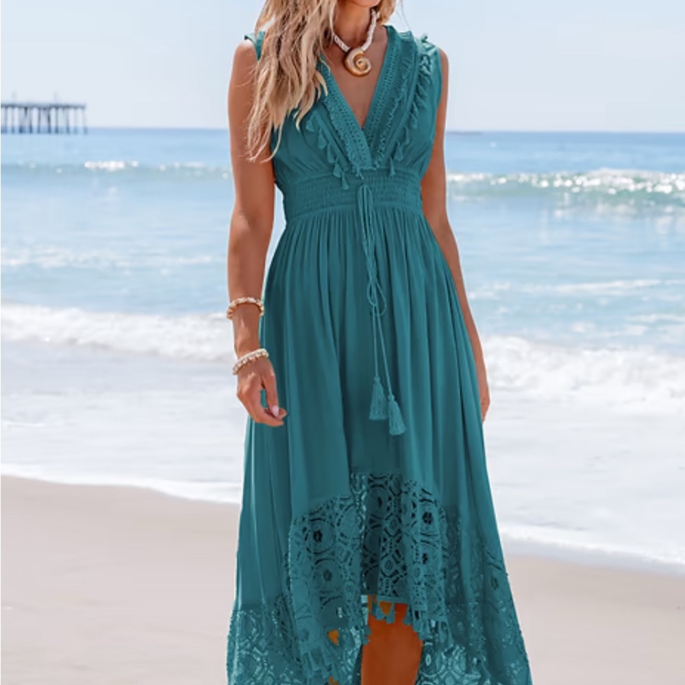 Cupshe Teal High Low Lace Dress